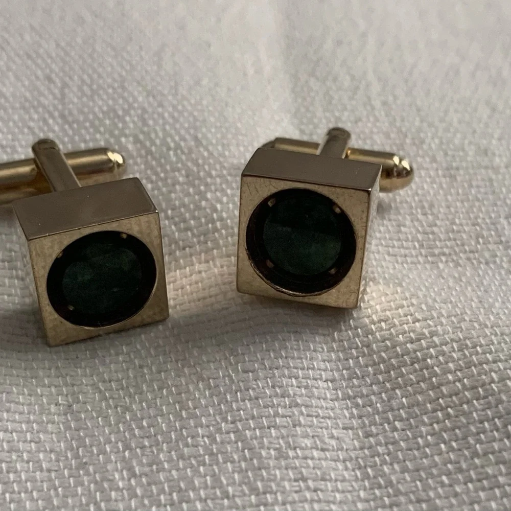 Vintage Cufflinks Gold Tone Square with Green Chrysoprase Stone